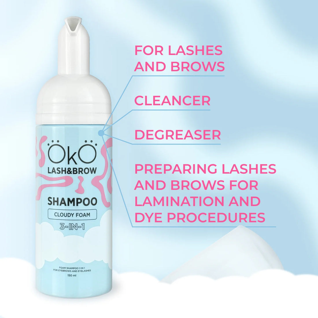 Lash and Brow Cleansing Shampoo 3in1 OKO Lash&Brow Cloudy Foam, 150 ml